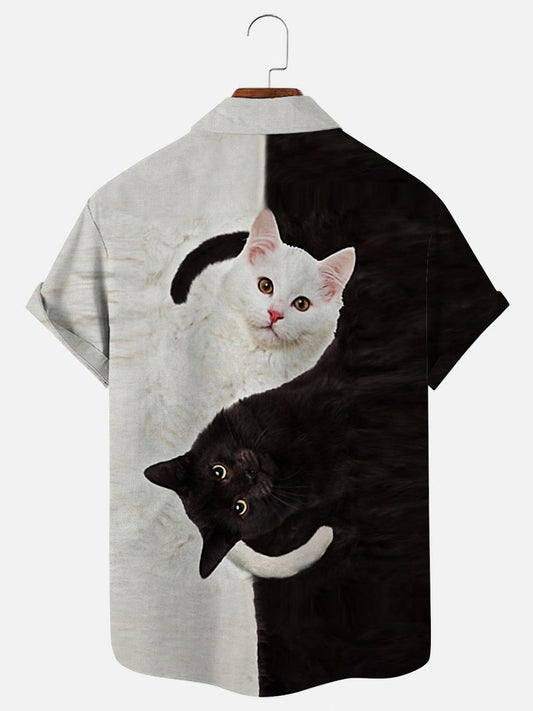 Men's Black and White Cat 3D Print Hawaiian Short Sleeve Shirt