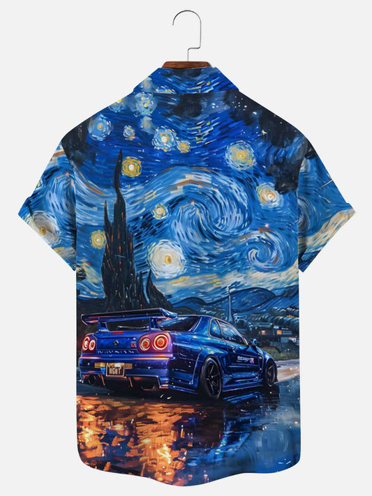 Starry Night Racing Art Poster Print Hawaiian Short Sleeve Shirt