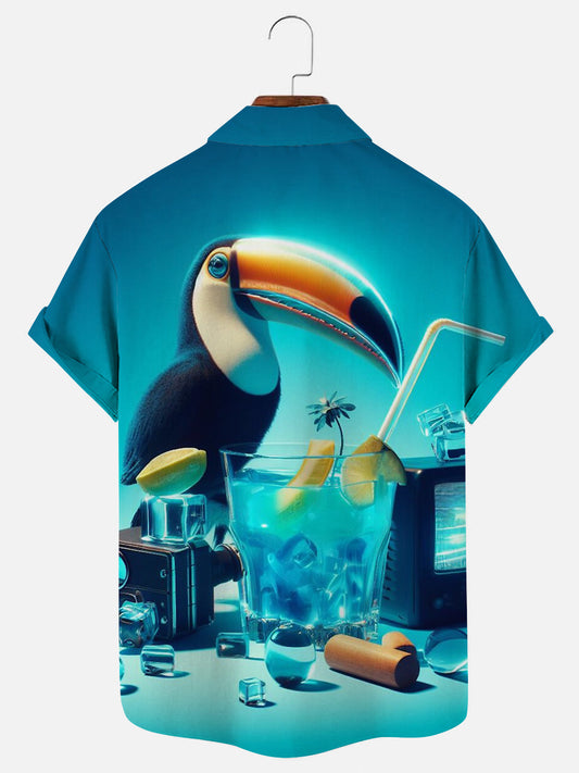 Men's Toucan Cocktail Poster Print Hawaiian Short Sleeve Shirt