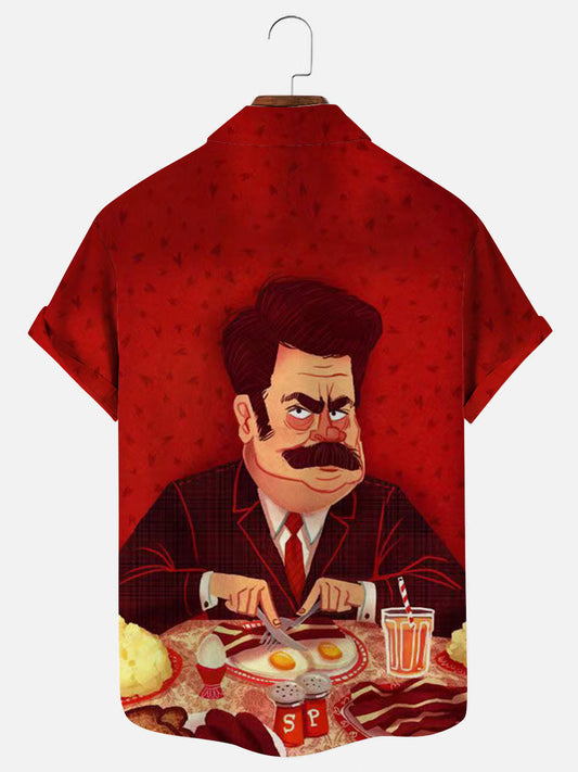 Men's Ron Swanson Print Hawaiian Short Sleeve Shirt