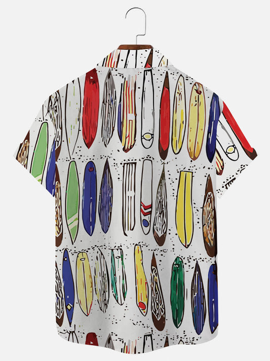Retro 80s Hawaiian Surfboard Print Casual Short Sleeve Shirt