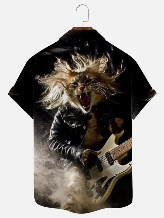 Men's Crazy Rock Cat Fashion Print Short Sleeve Shirt