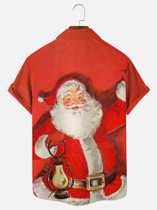 Men's Christmas Santa Print Hawaiian Holiday Short Sleeve Shirt