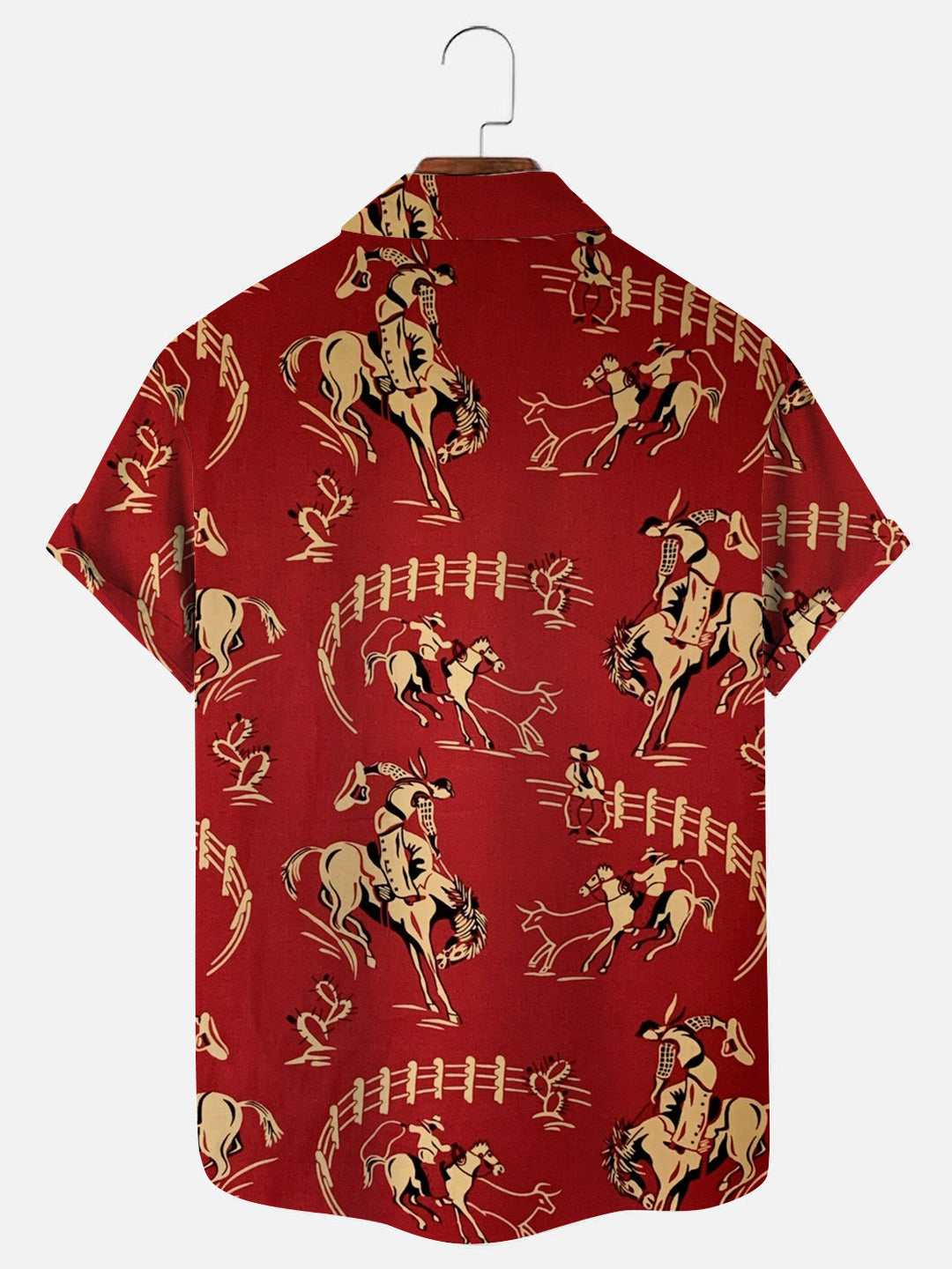 Men's Red Western Vintage Mustang Print Short Sleeve Shirt