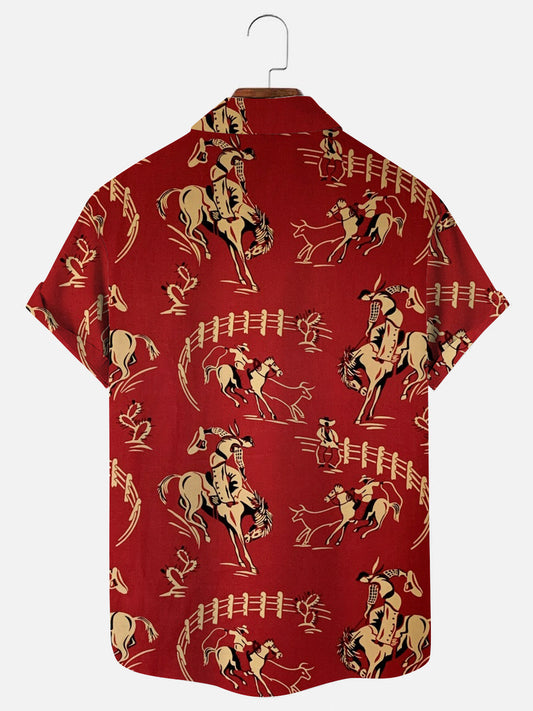Men's Red Western Vintage Mustang Print Short Sleeve Shirt