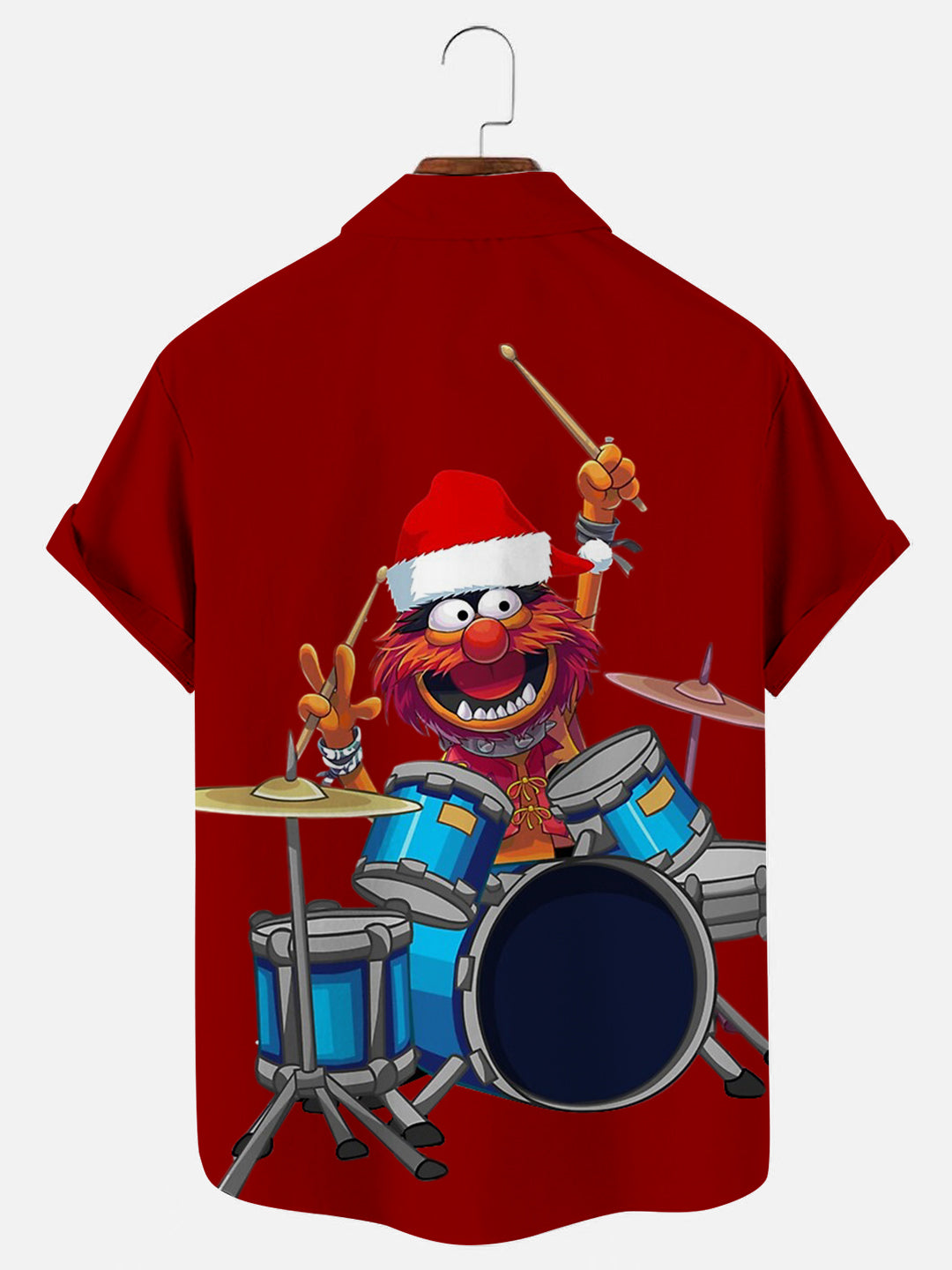 Men's Cartoon Animal Drummer Christmas Print Hawaiian Short Sleeve Shirt