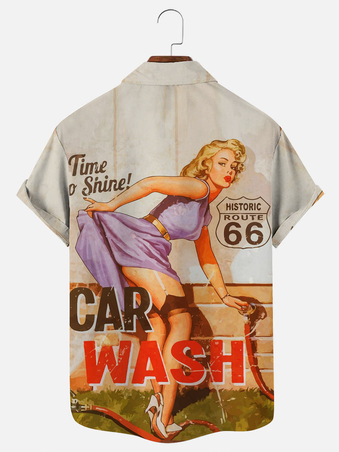 Route 66 Car Wash Girl Retro Print Casual Short Sleeve Shirt