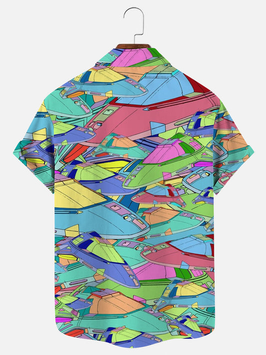 Men's Spaceship Print Casual Short Sleeve Shirt