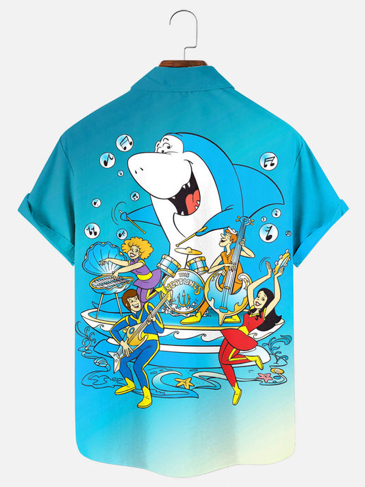 Men's Cartoon Shark Music Graphic Print Hawaiian Short Sleeve Shirt