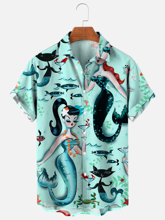 Men's Mid-Century Modern Martini Mermaid Print Hawaiian Short Sleeve Shirt