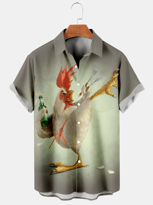 Kung Fu Rooster Print Short Sleeve Shirt