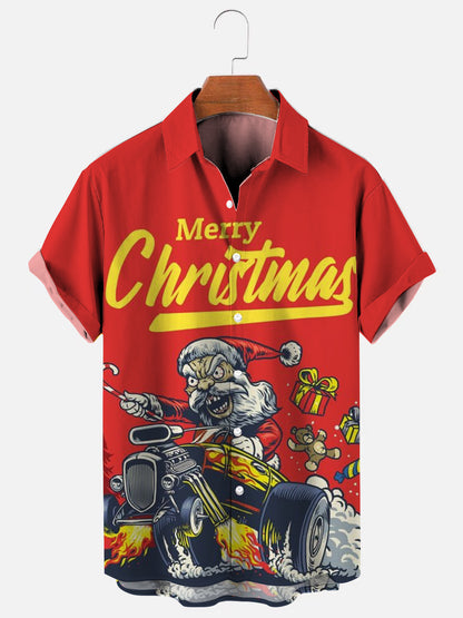 Men's Santa Ride Hot Rod Printed Holiday Short Sleeve Shirt