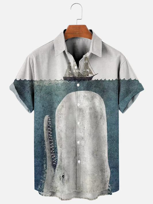 Men's Whale Print Hawaiian Casual Short Sleeve Shirt