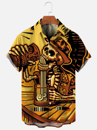 Men's Tiki Drunken Skull Printed Hawaiian Short Sleeve Shirt