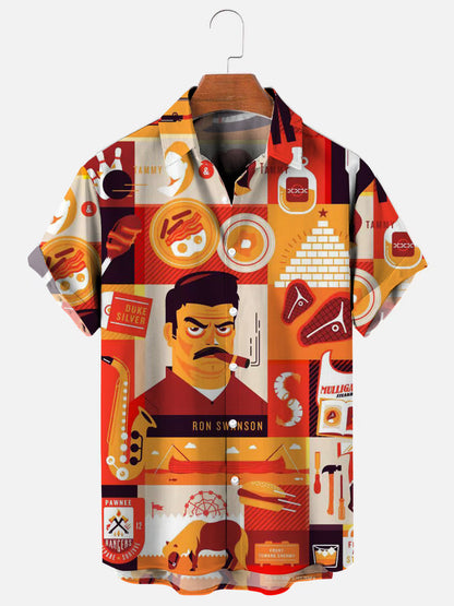 Men's Ron Swanson Printed Hawaiian Casual Short Sleeve Shirt