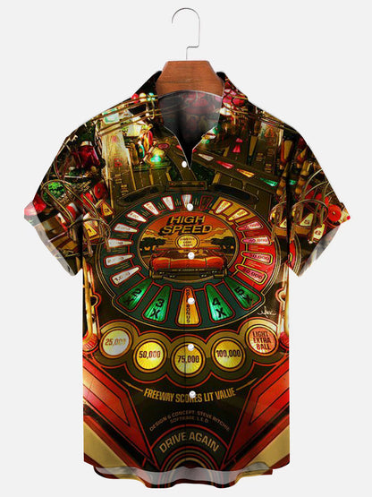 80's Retro Pinball Machine Print Hawaiian Short Sleeve Shirt