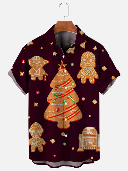 Men's Gingerbread Man Christmas Tree Print Hawaiian Short Sleeve Shirt