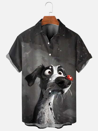 Men's Cartoon Dog Ladybug Fun Print Hawaiian Short Sleeve Shirt