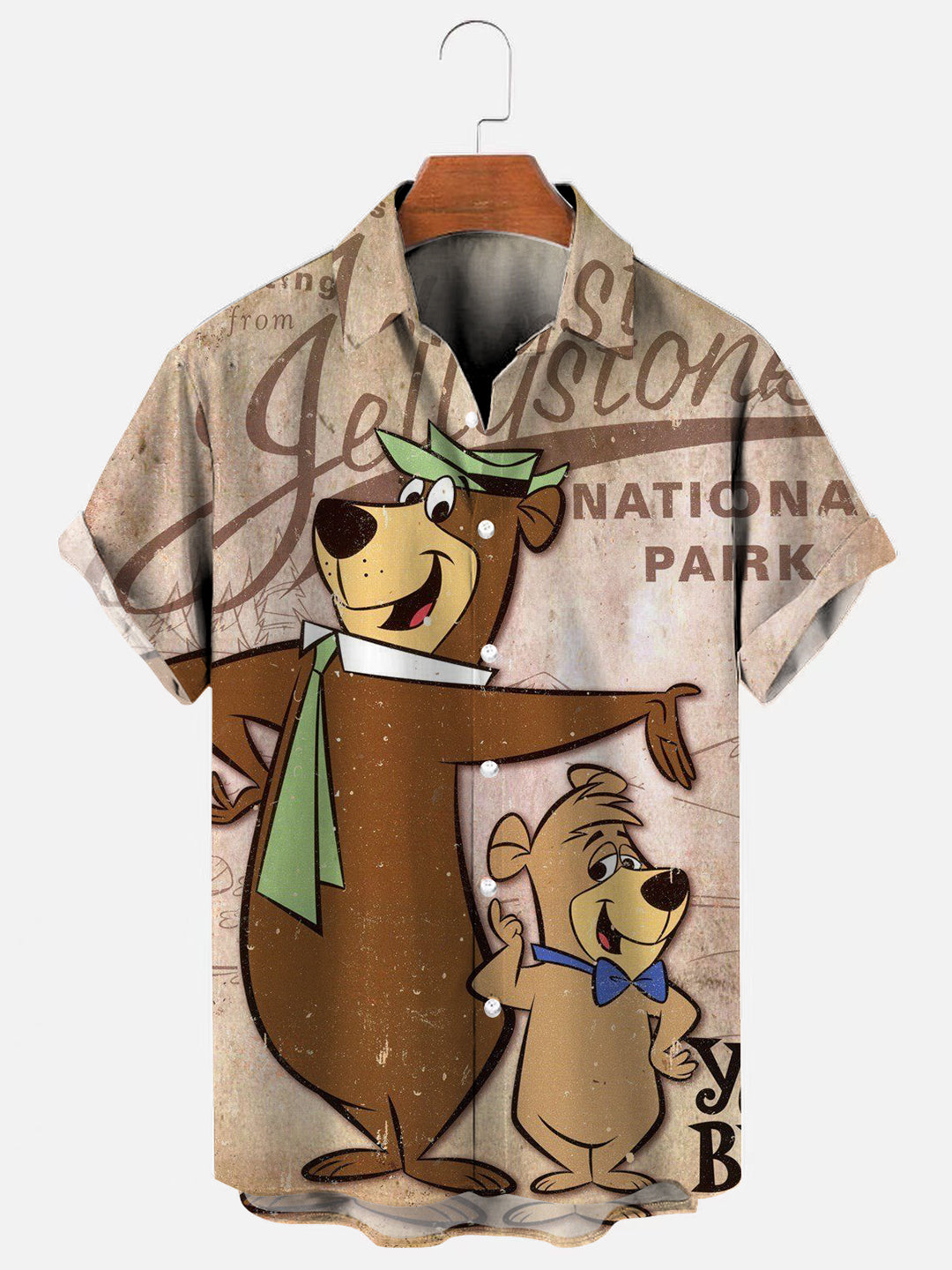 Men's National Parks Yogi Bear Farm Retro Print Hawaiian Short Sleeve Shirt