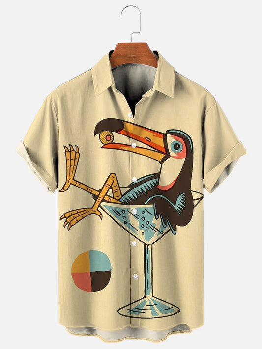 Men's Vintage Toucan Cocktail Print Hawaiian Short Sleeve Shirt