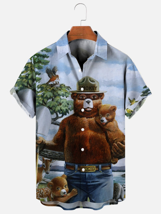 Men's Retro Cartoon Bear Graphic Print Hawaiian Short Sleeve Shirt