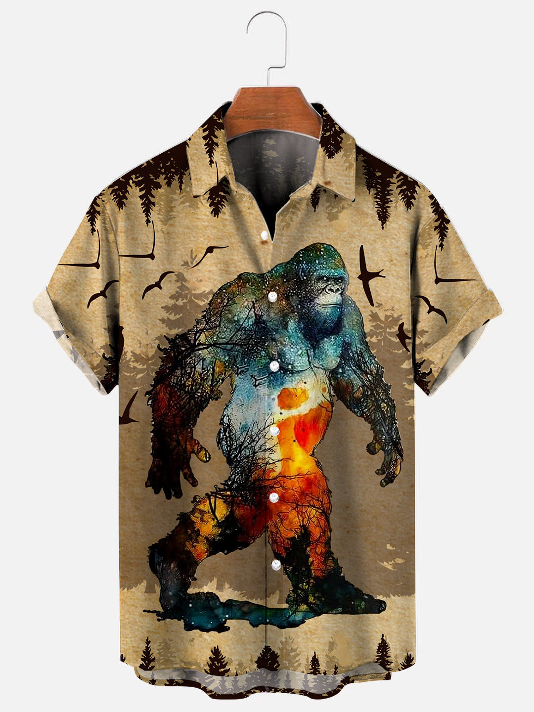 Men's Bigfoot Print Hawaiian Short Sleeve Shirt