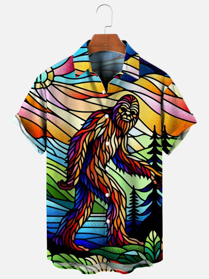 Men's Stained Glass Sasquatch Print Hawaiian Short Sleeve Shirt