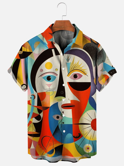 Abstract Face Art Print Casual Short Sleeve Shirt