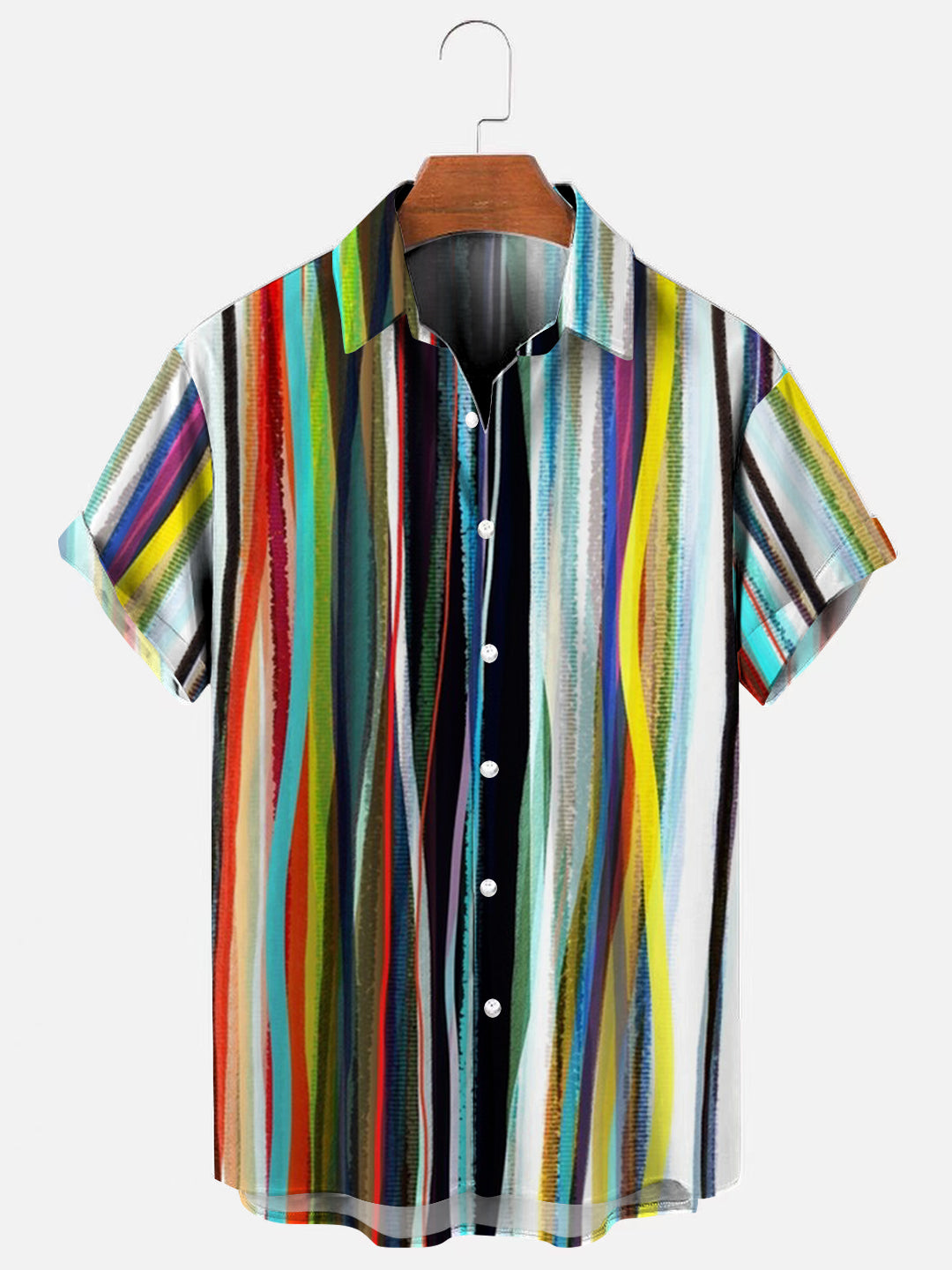 Men's Colorful Stripe Print Casual Breathable Hawaiian Short Sleeve Shirt