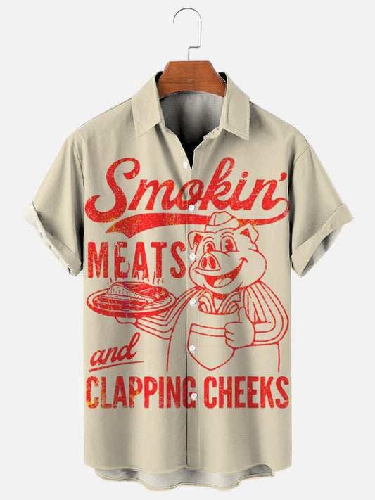 Men's Smokin' Meats And Clapping Cheeks Piggy Print Casual Short Sleeve Shirt