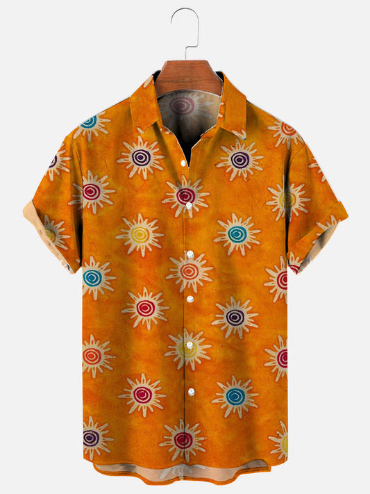 Colorful Sun Symbol Print Retro Short Sleeve Shirt