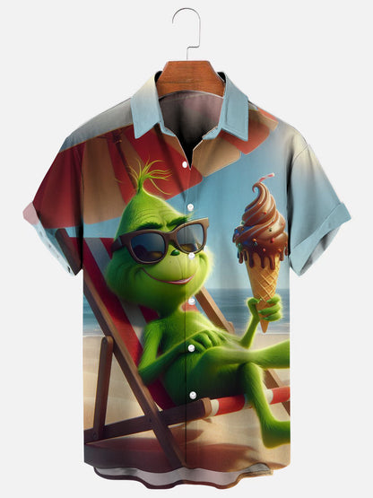 Men's Christmas Grinch Beach Vacation Print Hawaiian Short Sleeve Shirt