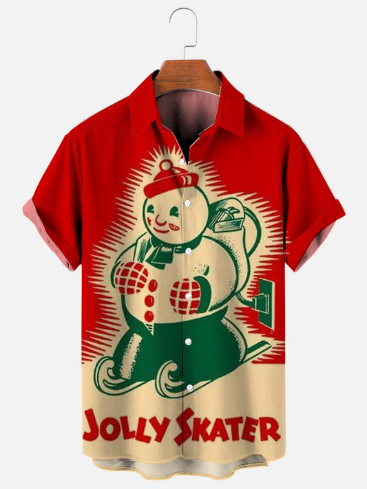 Men's Vintage Christmas Ski Snowman Print Holiday Short Sleeve Shirt