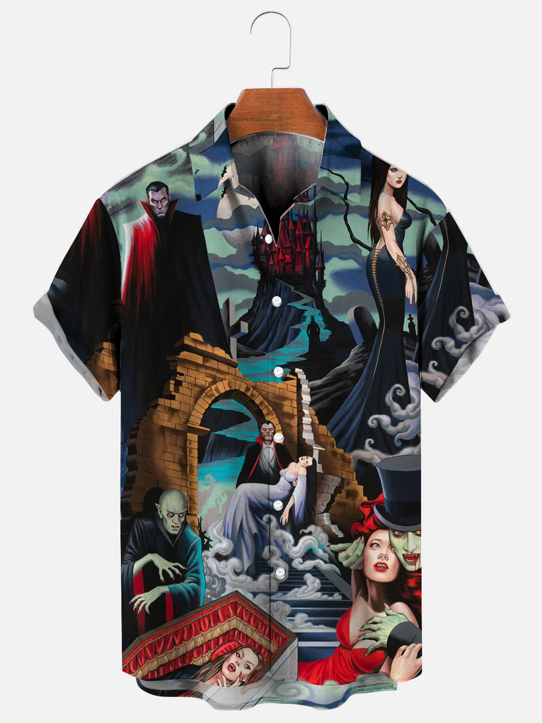 Men's Vampire Nights Halloween Print Hawaiian Short Sleeve Shirt