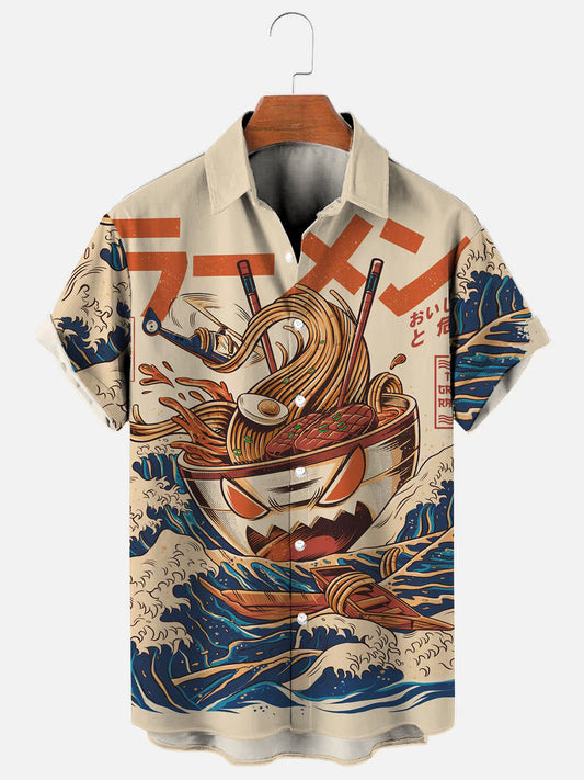 Men's Vintage Japanese Ramen Ukiyoe Print Hawaiian Short Sleeve Shirt