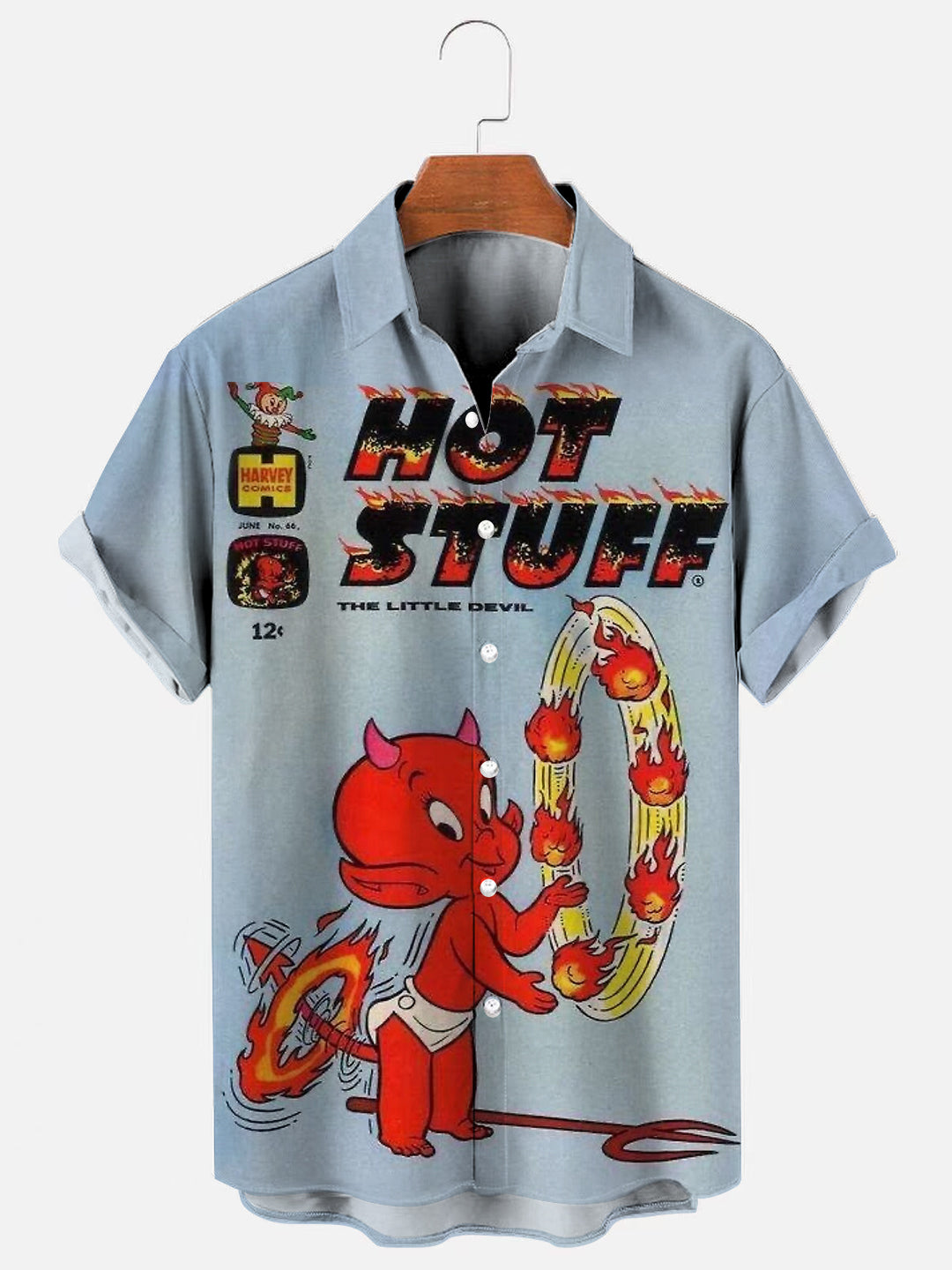 Men's Retro Little Devil Cartoon Print Hawaiian Short Sleeve Shirt