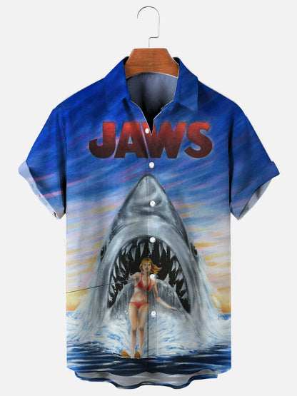 Men's Vintage Jaws Art Print Hawaiian Short Sleeve Shirt