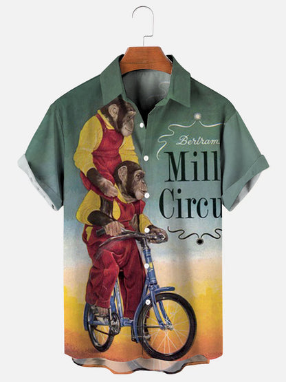 Circus Monkey Biking Retro Print Short Sleeve Shirt