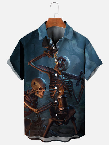 Men's Skull Drinking Beer Pattern Print Hawaiian Short Sleeve Shirt