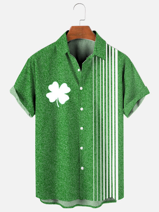 Men's Vintage St. Patrick Print Striped Holiday Short Sleeve Shirt