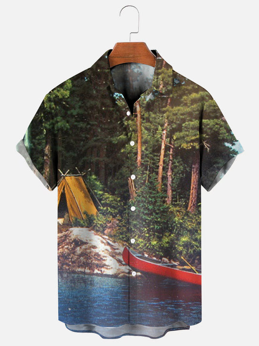 Men's Camping Canoe Vintage Print Hawaiian Short Sleeve Shirt