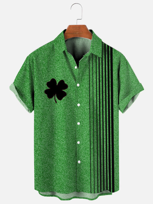 Men's Vintage St. Patrick Print Striped Holiday Short Sleeve Shirt