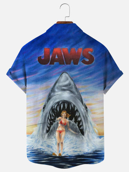 Men's Vintage Jaws Art Print Hawaiian Short Sleeve Shirt