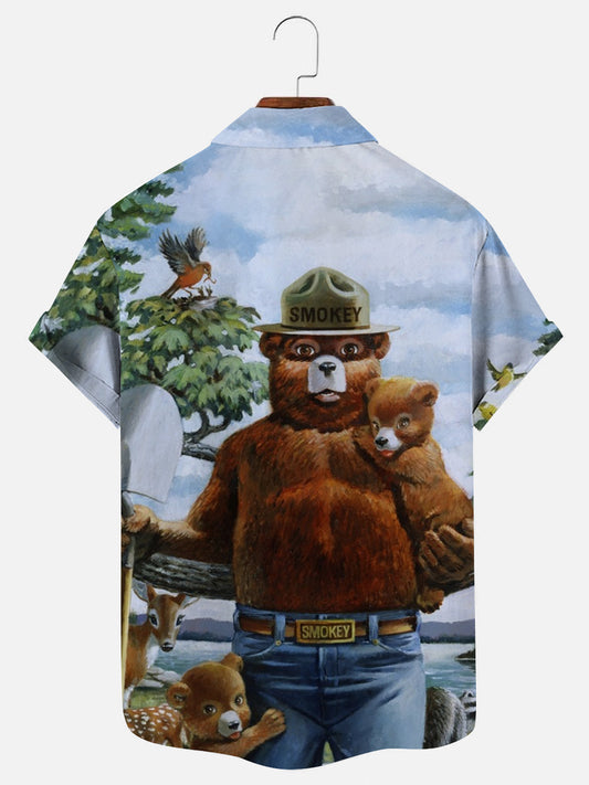 Men's Retro Cartoon Bear Graphic Print Hawaiian Short Sleeve Shirt