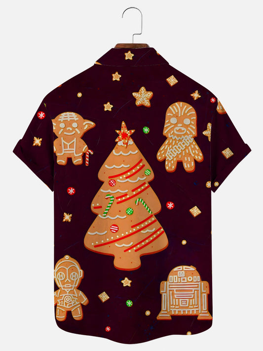 Men's Gingerbread Man Christmas Tree Print Hawaiian Short Sleeve Shirt