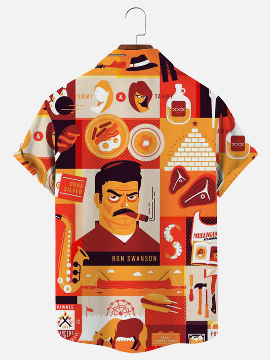 Men's Ron Swanson Printed Hawaiian Casual Short Sleeve Shirt