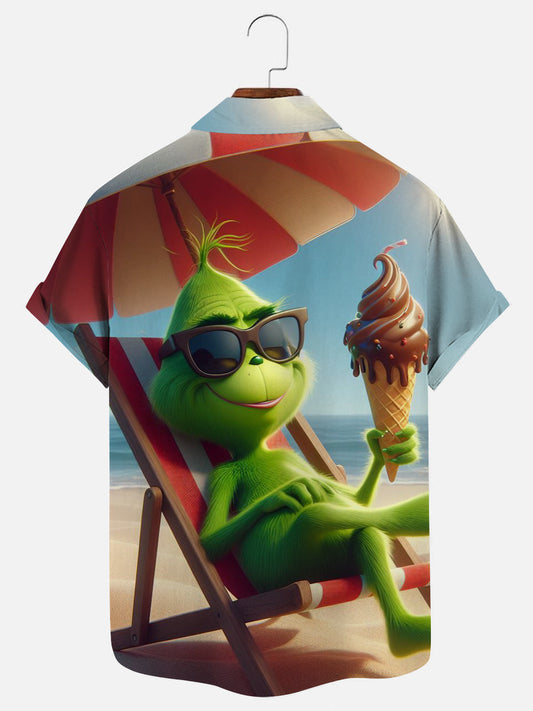 Men's Christmas Grinch Beach Vacation Print Hawaiian Short Sleeve Shirt