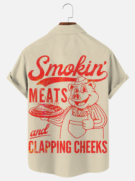 Men's Smokin' Meats And Clapping Cheeks Piggy Print Casual Short Sleeve Shirt