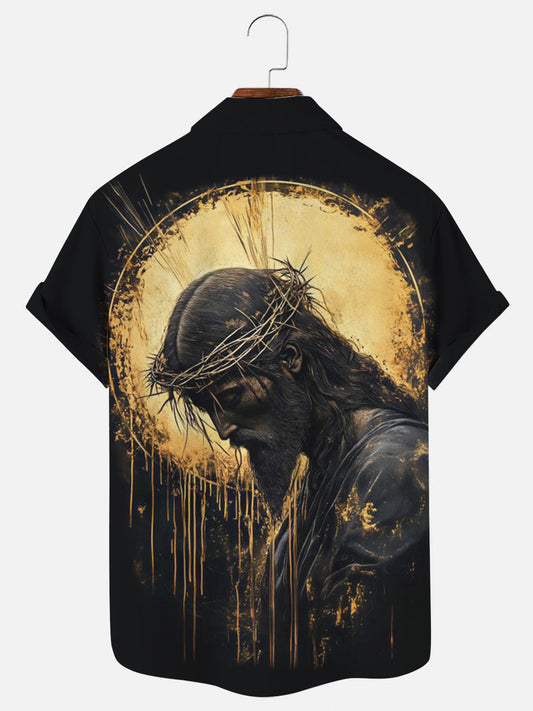 Men's Easter Jesus Wearing Crown of Thorns Graphic Print Holiday Short Sleeve Shirt