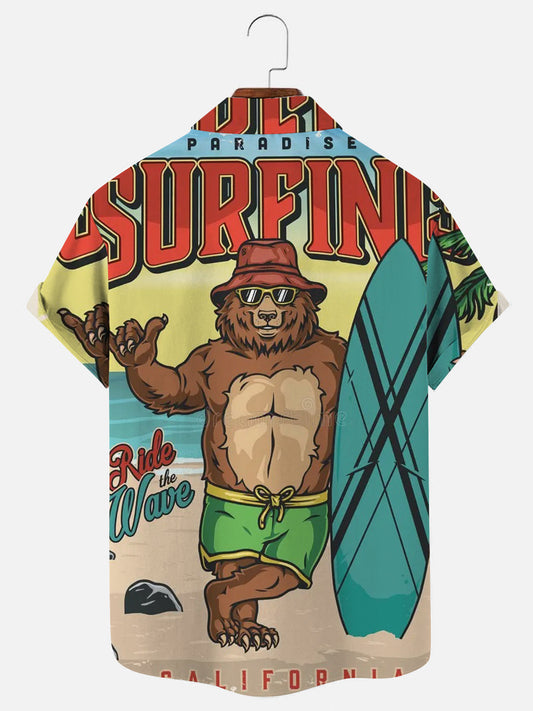 Bear Surfboard Vintage Poster Print Hawaiian Short Sleeve Shirt